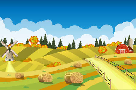 Countryside landscape with haystacks on fields. Rural area landscape. Hay bales. Farm flat landscape. Organic food concept for any designのイラスト素材
