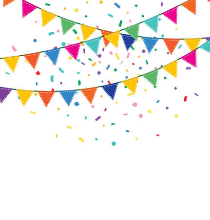 Holiday background with Bunting and garland. Colorful festive flags and confettiのイラスト素材