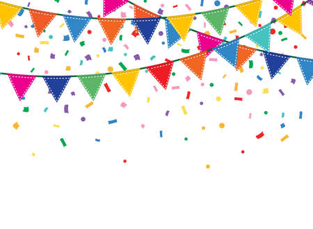 Holiday background with Bunting and garland. Colorful festive flags and confettiのイラスト素材