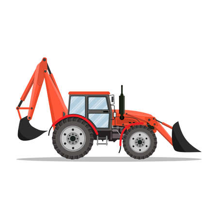 red Tractor, excavator, bulldozer icon isolated on white background. Vector illustration in flat designのイラスト素材