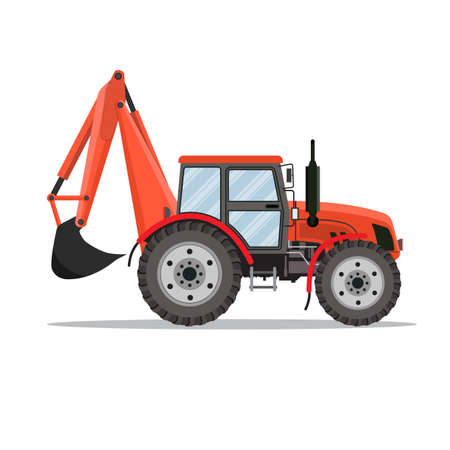 red Tractor excavator icon isolated on white background. Vector illustration in flat designのイラスト素材