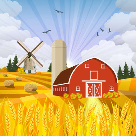 Countryside landscape with haystacks on fields. Farm flat landscape. Organic food concept for any designのイラスト素材