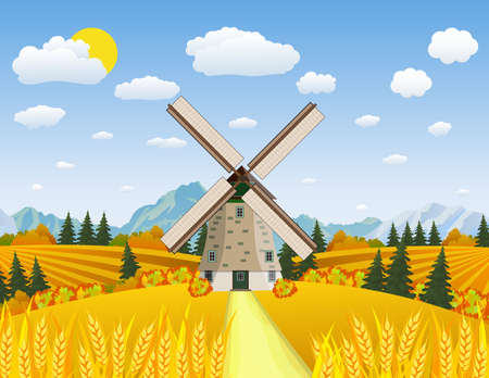 Cartoon beautiful fall farm scene with wheat fields. Farm flat landscape. Organic food concept for any designのイラスト素材