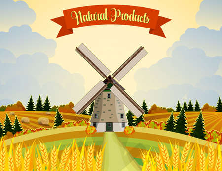 Countryside landscape with haystacks on fields. Rural area landscape. Hay bales. Farm flat landscape. Organic food concept for any designのイラスト素材