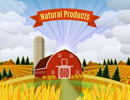 Countryside landscape with haystacks on fields. Farm flat landscape. Organic food concept for any designのイラスト素材