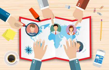 Human resources management concept, searching professional staff, work, hq, hard choice between people, world map, pen, coffee cup. vector illustration in flat design on wooden backgroundのイラスト素材