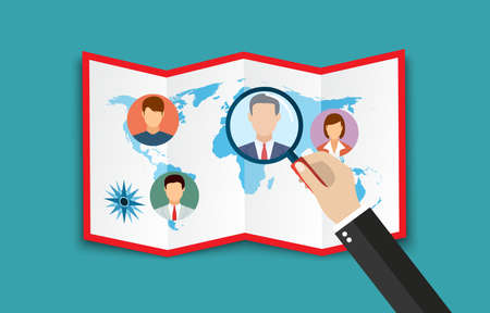 Human resources management concept, searching professional staff, work, hq, world map with candidates, hand with magnifying glass. vector illustration in flat designの写真素材