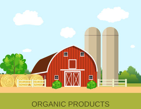 farm colorful composition with wooden village house haystacks elevator. vector illustration. Farm flat landscape. Organic food concept for any design, web, agricultural applicationのイラスト素材