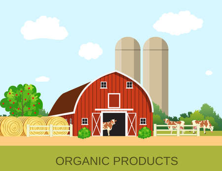colorful farm life with natural economy. Farm flat landscape. Organic food concept for any design, web, agricultural applicationのイラスト素材