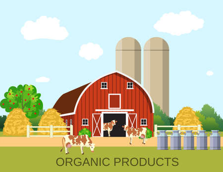 colorful milk farm life with natural economy. Farm flat landscape. Organic food concept for any design, web, agricultural applicationのイラスト素材