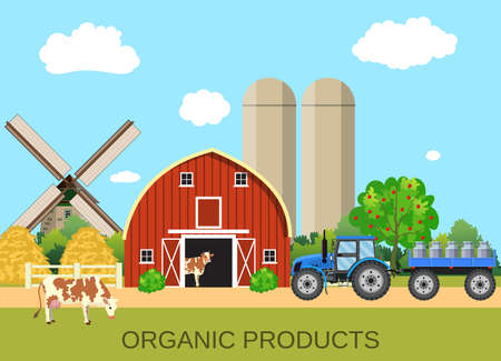colorful milk farm life with natural economy. Farm flat landscape. Organic food concept for any design, web, agricultural applicationのイラスト素材