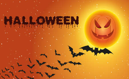 Halloween background with flying bats over full pumpkin moon. Vector illustrationのイラスト素材