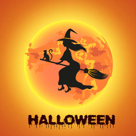 Witch flying over the full moon with cat and bat. Vector illustrationのイラスト素材