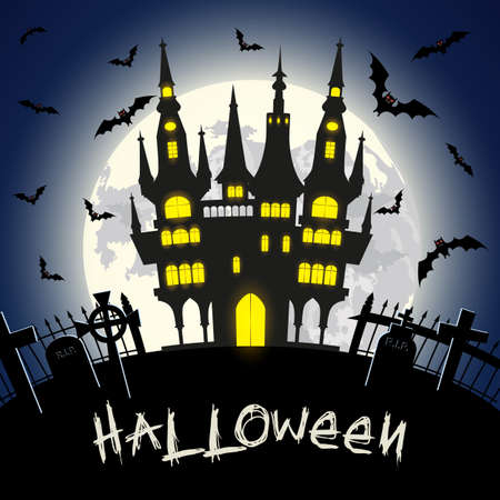 Halloween illustration with castle, tomb and bats on full moon background. Vector illustrationのイラスト素材