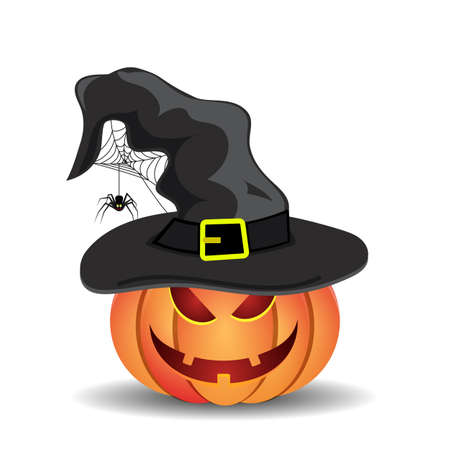 Halloween pumpkin with witches hat isolated on white background. vector illustration for Halloween design, website, flier, invitation cardのイラスト素材