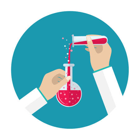 Test tube and flask. Science, education, chemistry, experiment, laboratory concept. vector illustration in flat design icon. Hands with tubeのイラスト素材