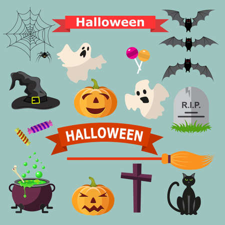 Set of Halloween ribbons and characters. Cat, bat, candy, spider, ghost, pumpkin, witch hat, cross. vector illustration for Halloween design, website, flier, invitation cardのイラスト素材