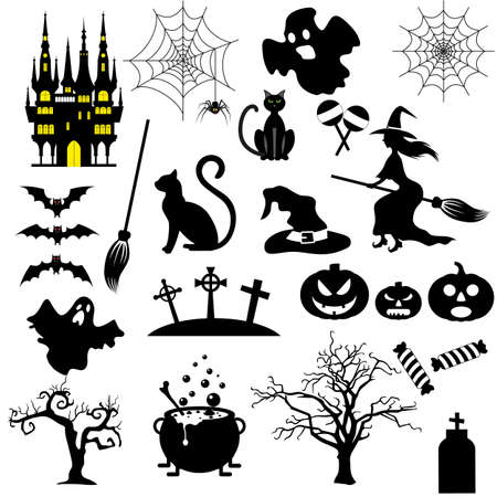 Halloween black and white icons set isolated on white background. vector illustration for Halloween design, website, flier, invitation cardのイラスト素材