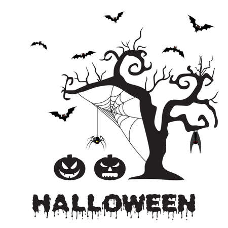 Spooky silhouette of Halloween tree, pumpkin, spider on web and bats. vector illustration for Halloween design, website, flier, invitation cardのイラスト素材