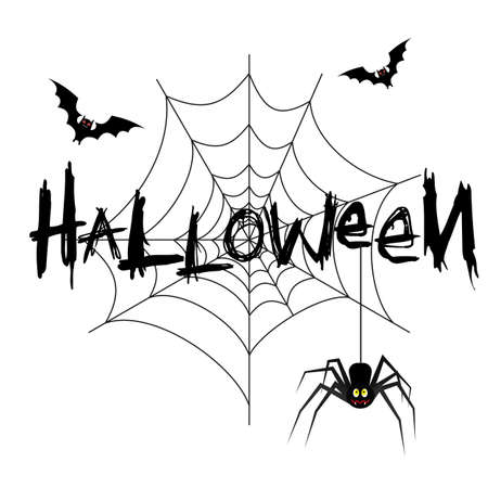 Spider web with the spider and bat. Black on white. vector illustration for Halloween design, website, flier, invitation card, partyのイラスト素材
