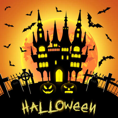 Halloween illustration with castle,pumpkin, tomb and bats on full moon background. Vector illustrationのイラスト素材