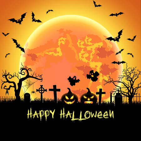 Halloween illustration with pumpkin, ghost, tomb and bats on full moon background. Vector illustrationのイラスト素材