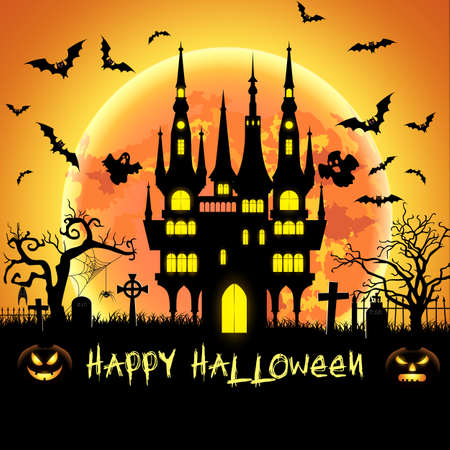Halloween illustration with pumpkin, ghost, castle, tomb and bats on full moon background. Vector illustrationのイラスト素材
