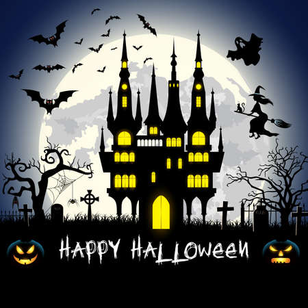 Halloween illustration with pumpkin, ghost, castle, tomb and bats on full moon background. Vector illustrationのイラスト素材
