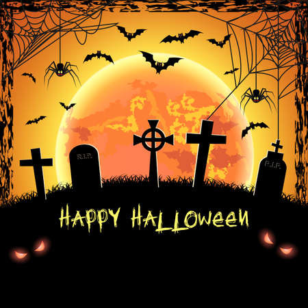 Spooky card for happy Halloween. Orange background with full moon, tombstones, spider and bats. Vector Illustration.のイラスト素材