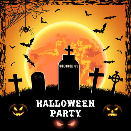 Spooky card for Halloween. Orange background with full moon, tombstones, spider and bats. Halloween Party with pumpkins. Vector Illustration.のイラスト素材