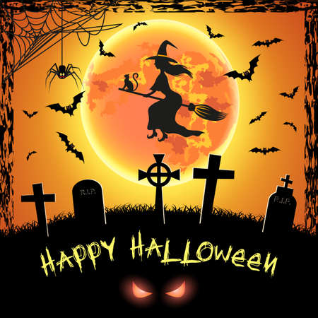 Spooky card for happy Halloween. Orange background with full moon, tombstones, spider, witch and bats. Vector Illustration.のイラスト素材