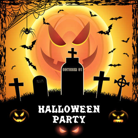 Spooky card for Halloween. Orange background with full pumpkin moon, tombstones, spider and bats. Halloween Party with pumpkins. Vector Illustration.のイラスト素材