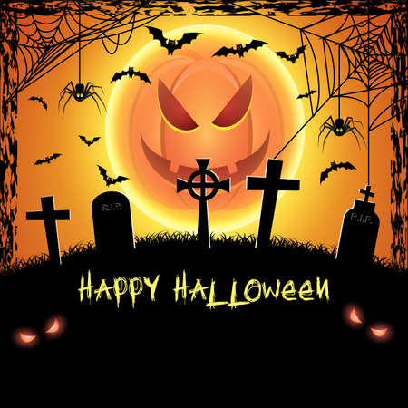 Spooky card for happy Halloween. Orange background with pumpkin full moon, tombstones, spider and bats. Vector Illustration.のイラスト素材