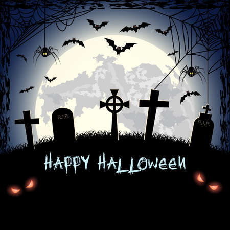 Spooky card for happy Halloween. blue background with full moon, tombstones, spider and bats. Vector Illustration.のイラスト素材