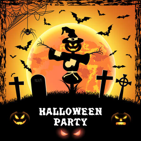 Spooky card for happy Halloween. Orange background with full moon, tombstones, Scarecrow, spider and bats. Vector Illustration.のイラスト素材