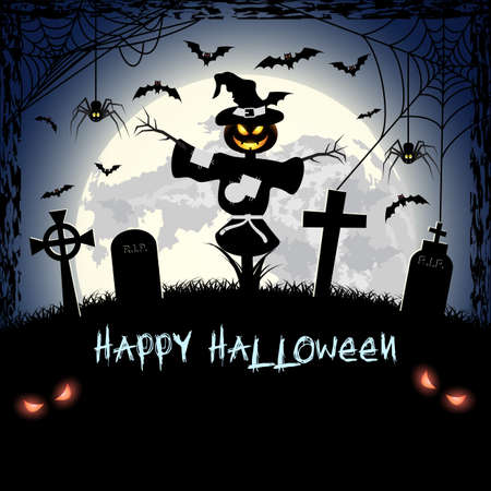 Spooky card for happy Halloween. blue background with full moon, tombstones, Scarecrow, spider and bats. Vector Illustration.のイラスト素材