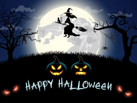 Spooky card for happy Halloween. blue background with full moon, spider, witch and bat. Vector Illustration.のイラスト素材