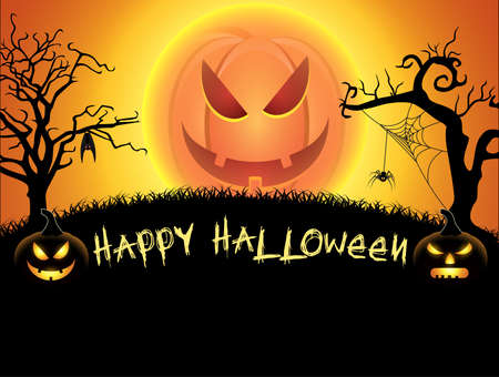 Spooky card for happy Halloween. orange background with pumpkin full moon, spider, witch and bat. Vector Illustration.のイラスト素材