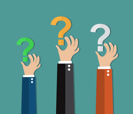 Concept of questioning, hands holding question marks. vector illustration in flat design on green backgroundのイラスト素材