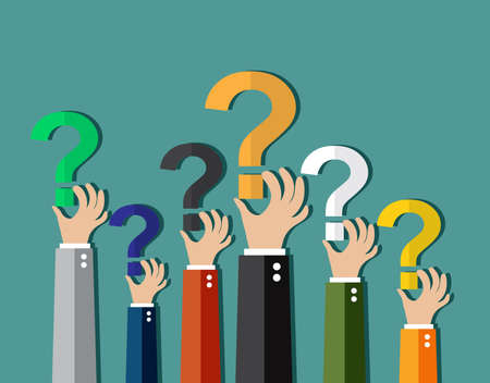 Concept of questioning, hands holding question marks. vector illustration in flat design on green backgroundのイラスト素材