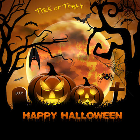 Spooky card for Halloween. Orange background with full moon, tombstones, spider and bats. Halloween Party with pumpkins. Vector Illustration.のイラスト素材