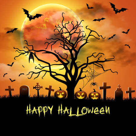 Spooky card for Halloween. Orange background with full moon, tombstones, spider and bats. Halloween Party with pumpkins. Vector Illustration.のイラスト素材