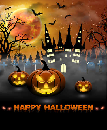 Spooky card for Halloween. orange background with full moon, tombstones, spider, castle and bats. Halloween Party with pumpkins. Vector Illustration.のイラスト素材