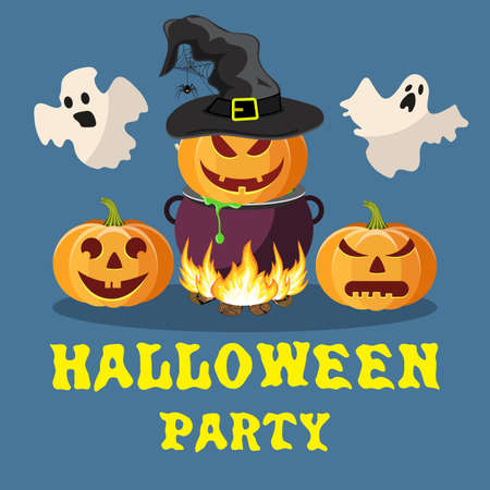 Halloween party. Vector illustration with pumpkin witches hat, cauldron and ghost in flat designのイラスト素材
