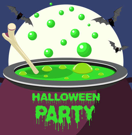 Halloween Party on cauldron. Vector illustration with pumpkin witches hat, and bat in flat designのイラスト素材