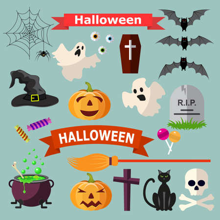 Set of Halloween ribbons and characters. Cat bat candy spider, ghost, pumpkin, witch hat, cross. vector illustration for Halloween design, website, flier, invitation cardのイラスト素材