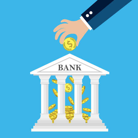 Hand putting golden coin into bank building. Depositing money in bank account concept. vector illustration in flat styleのイラスト素材