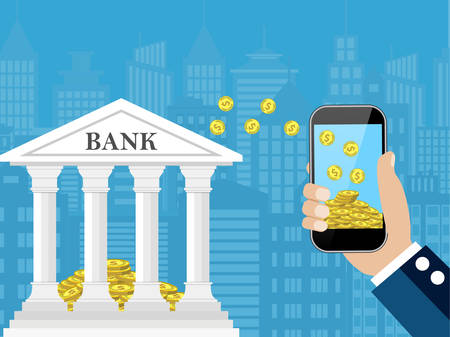 Hand holding mobile phone with gold coins inside and bank building. Mobile payment, mobile banking, money transfer. vector illustration in flat style and cityscape backgroundのイラスト素材