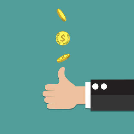businessman hand throwing up a coin to make decision. vector illustration in flat styleのイラスト素材