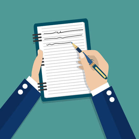 Hand holding notebook and pen. Concept of organize and planning. vector illustration in flat style on green backgroundのイラスト素材